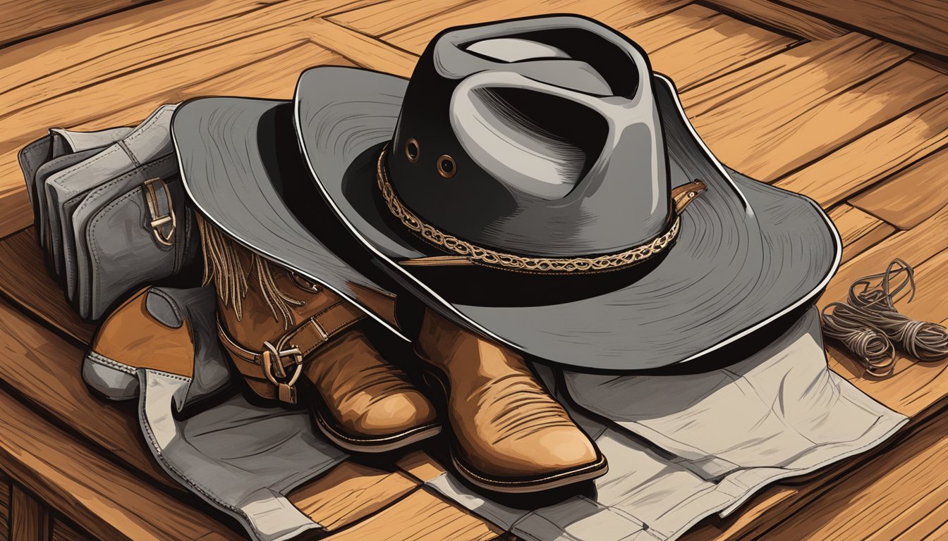 A cowboy hat, boots, and a stylish western shirt laid out on a wooden table