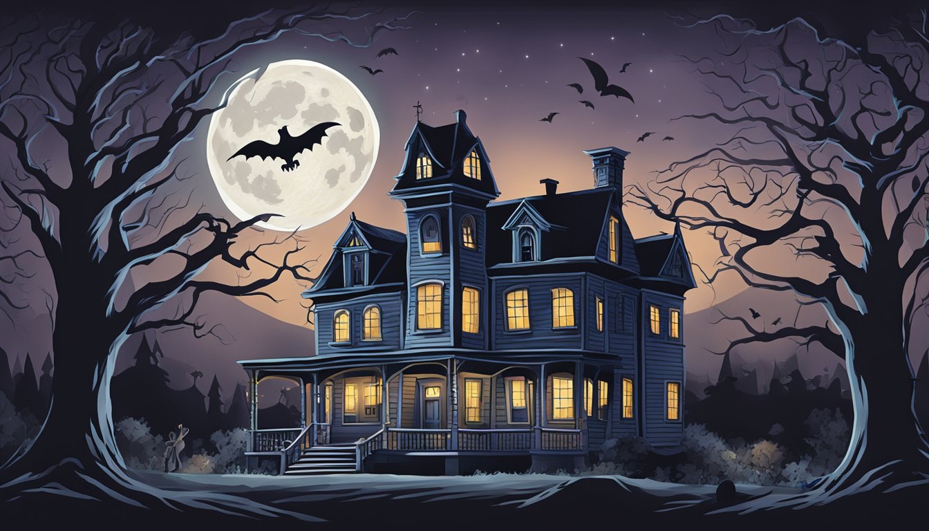 A haunted house with eerie lighting and spooky decor. A full moon illuminates the scene as ghostly figures dance to the sound of George Strait's music