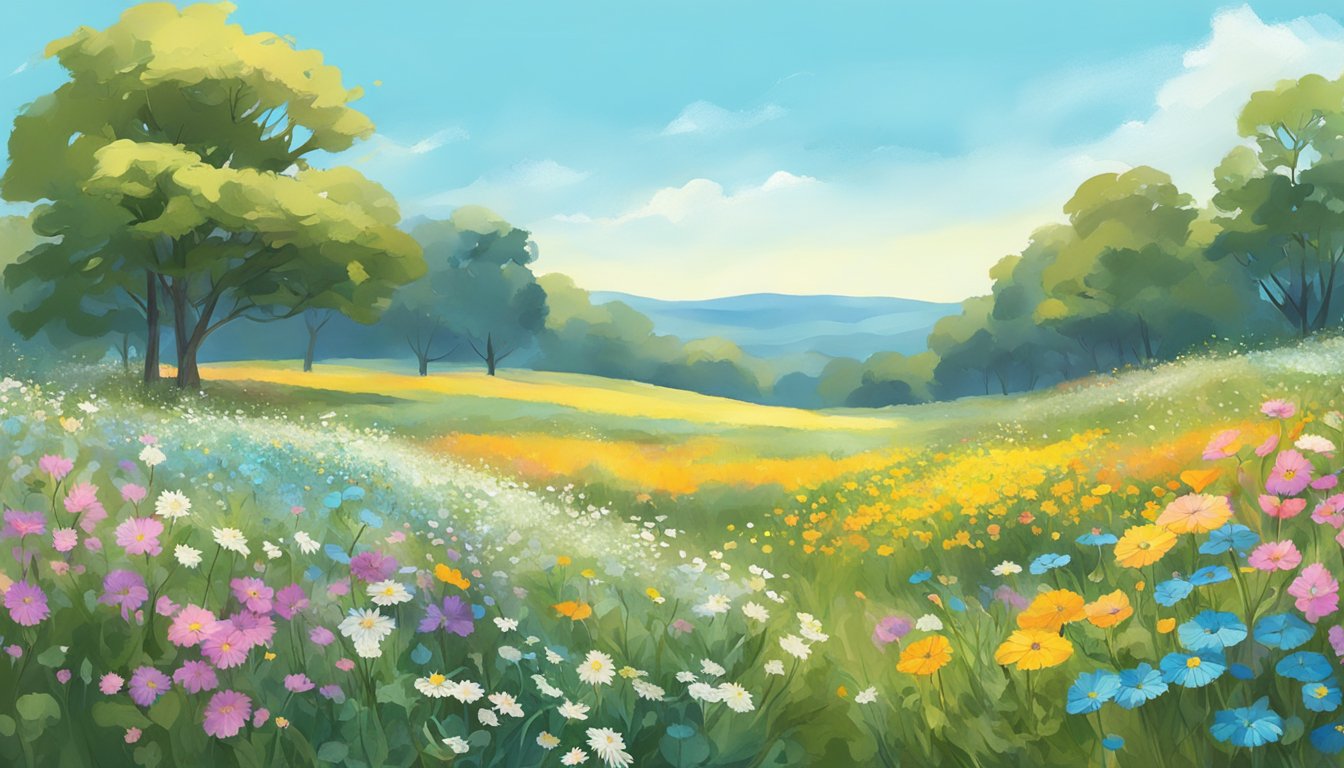 A field of wildflowers in full bloom, with a clear blue sky and a gentle breeze blowing through the air