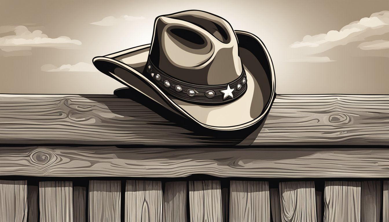 A cowboy hat resting on a weathered wooden fence post, with a pair of cowboy boots propped up beside it