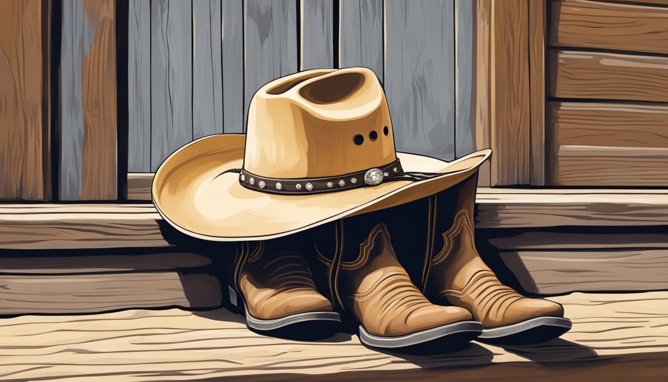 A cowboy hat and boots left abandoned on a dusty old porch