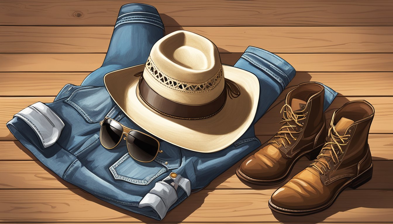 A cowboy hat, cowboy boots, and a western-style shirt laid out on a wooden table, surrounded by a guitar and a pair of sunglasses