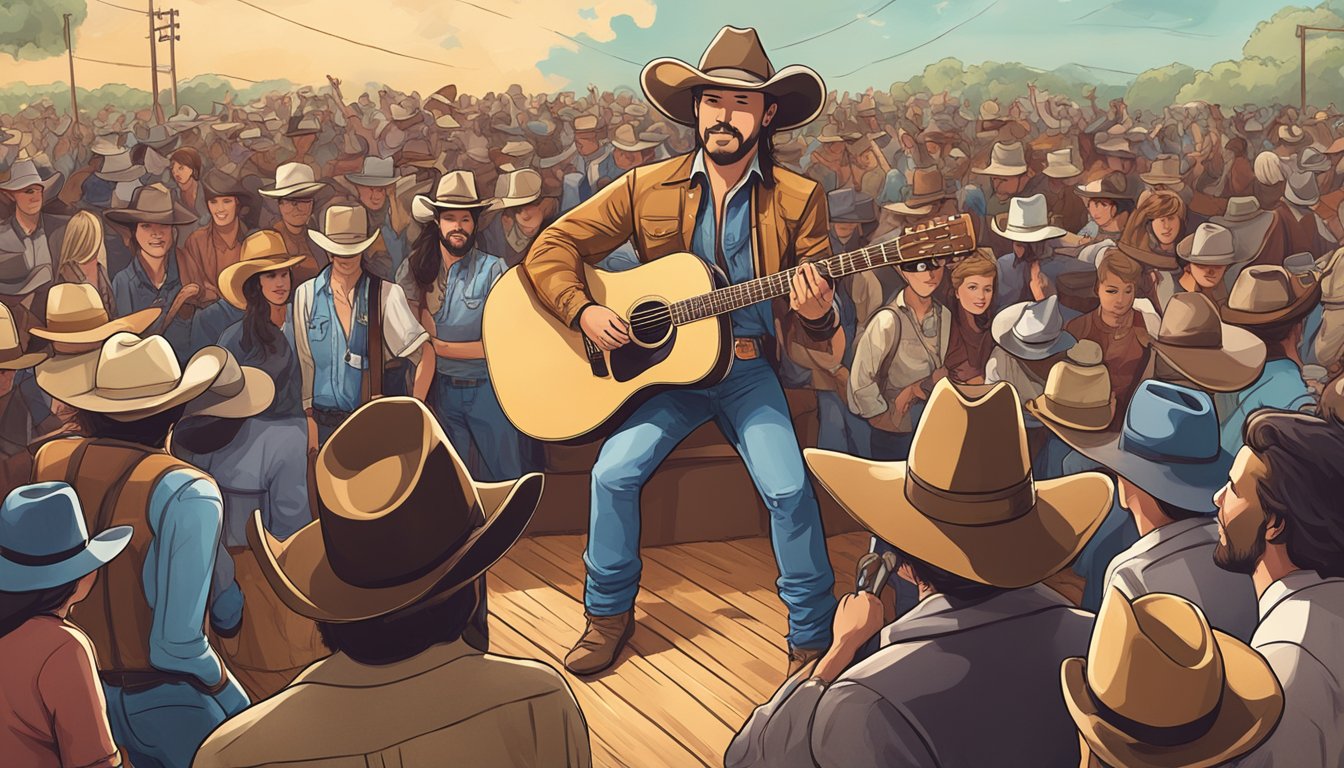 A country music stage with a cowboy hat, boots, and a guitar surrounded by a crowd wearing western-style clothing