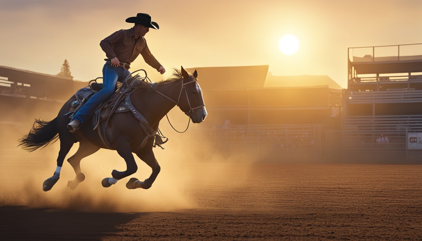 A rodeo cowboy riding a bucking bronco in a dusty arena, with the sun rising over the horizon in the background