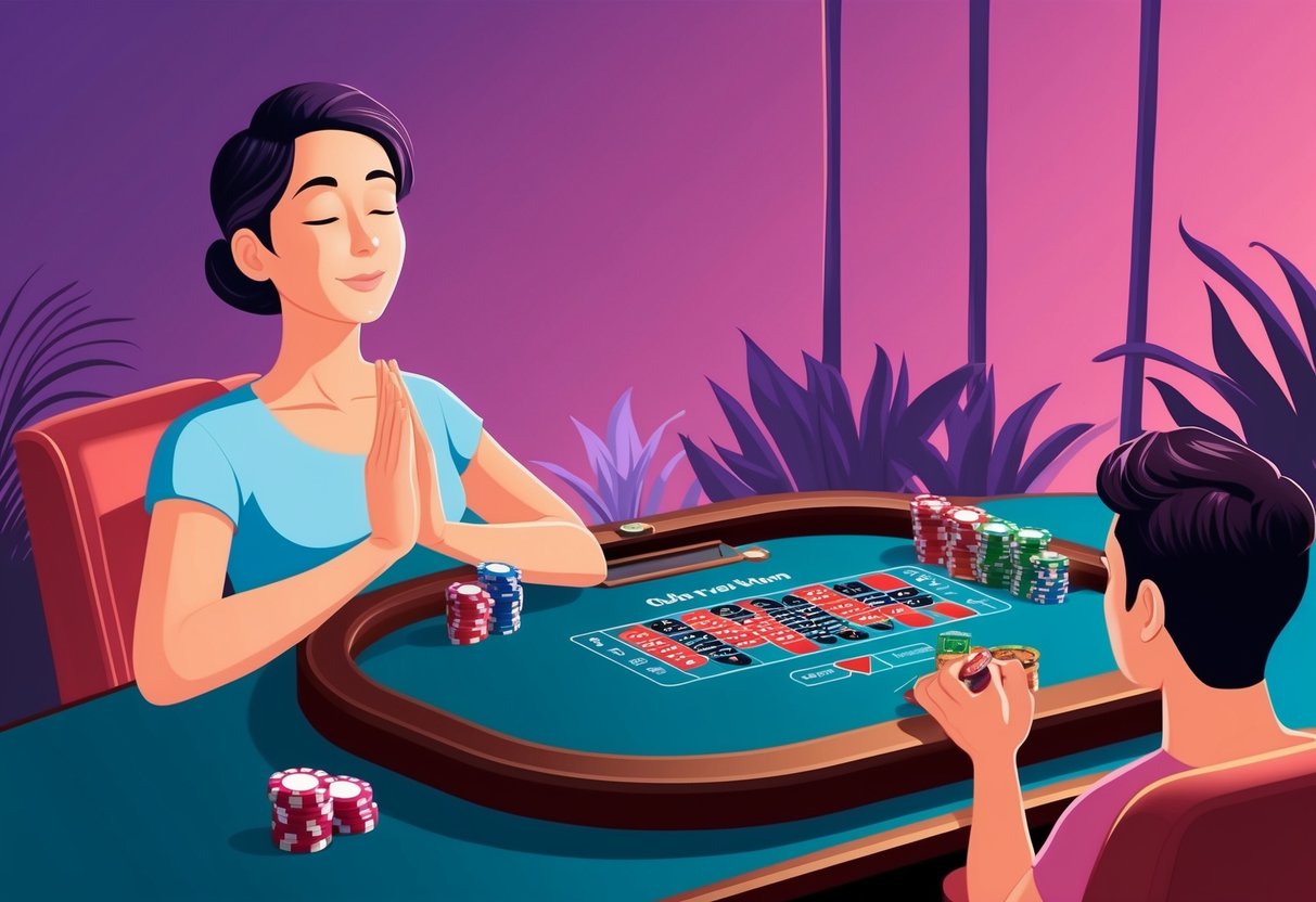 Un cadre serein avec quelqu'un pratiquant la respiration profonde tout en jouant à des jeux de casino en ligne pour rester concentré et calme.