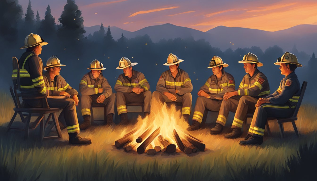 A group of firefighters gather around a bonfire, listening to George Strait songs on a summer evening. The glow of the flames illuminates their faces as they relax and enjoy the music