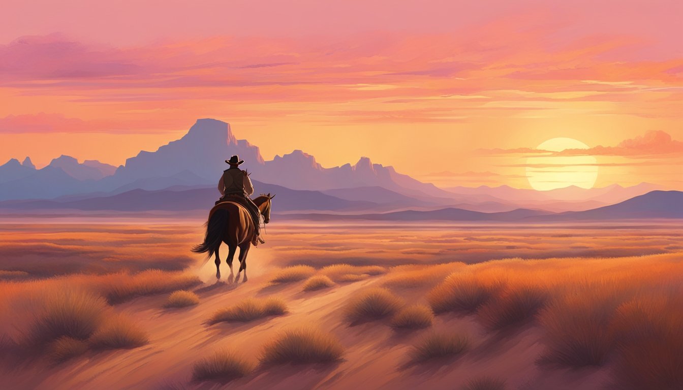 A lone cowboy rides into the sunset, surrounded by vast open plains and distant mountains. The sky is painted with warm hues of orange and pink as the day comes to an end