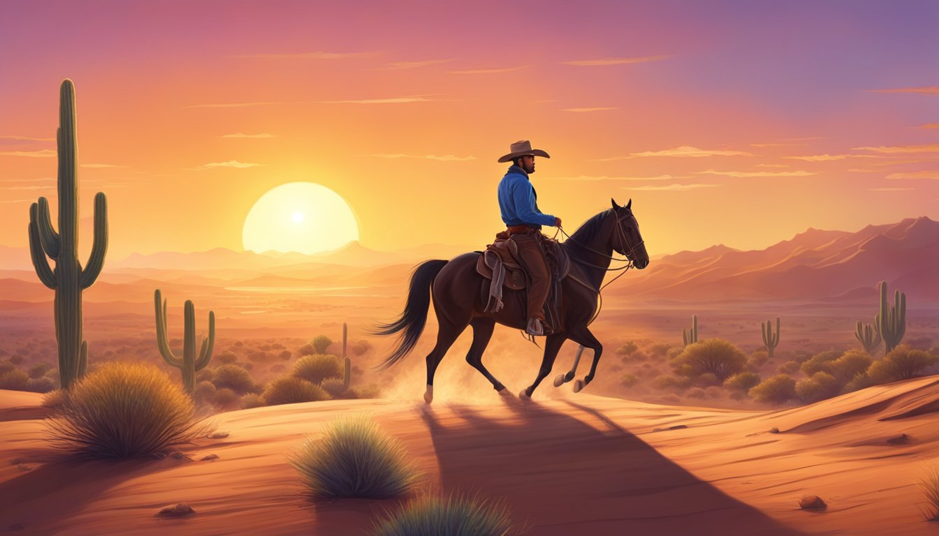 A cowboy riding a horse through a vibrant desert landscape with a big, bright morning sun rising in the background