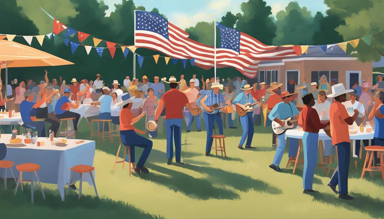 A festive Fourth of July barbecue with a Texas flag flying, a live band playing George Strait songs, and people dancing and enjoying the music