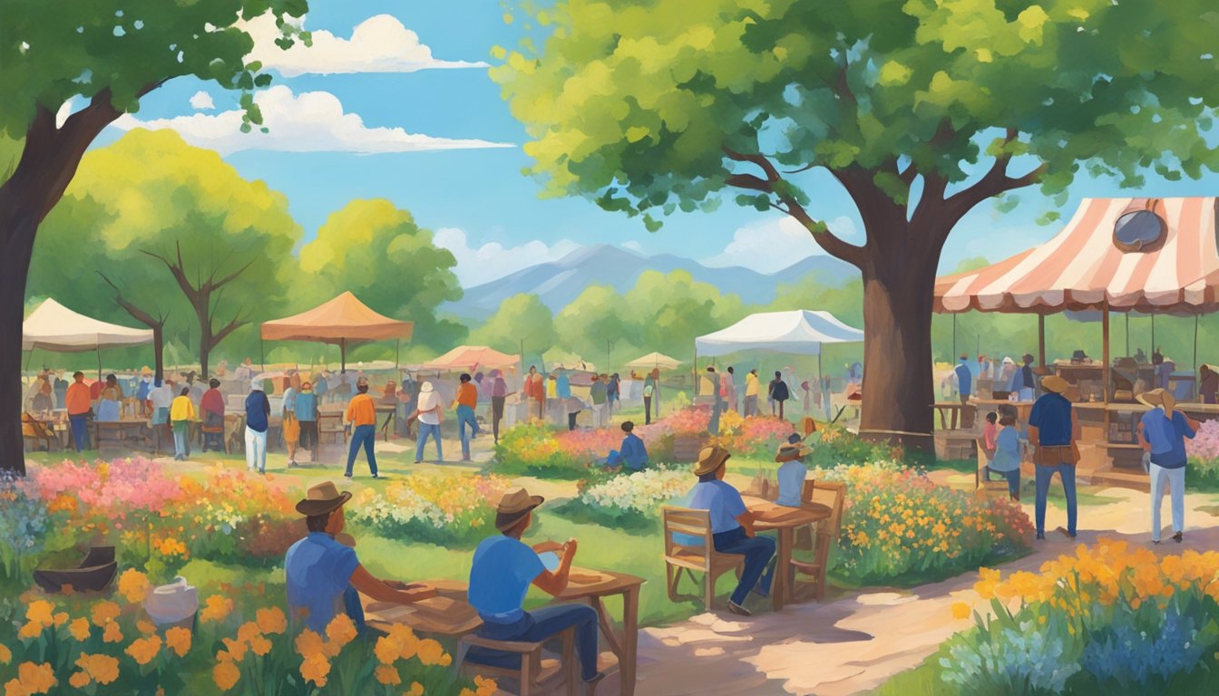 A vibrant spring landscape with blooming flowers, a clear blue sky, and people enjoying outdoor activities while George Strait's music plays in the background