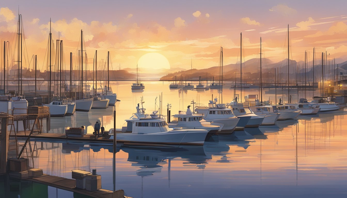 A bustling marina with boats docked, workers unloading cargo, and a backdrop of a sunset over the water