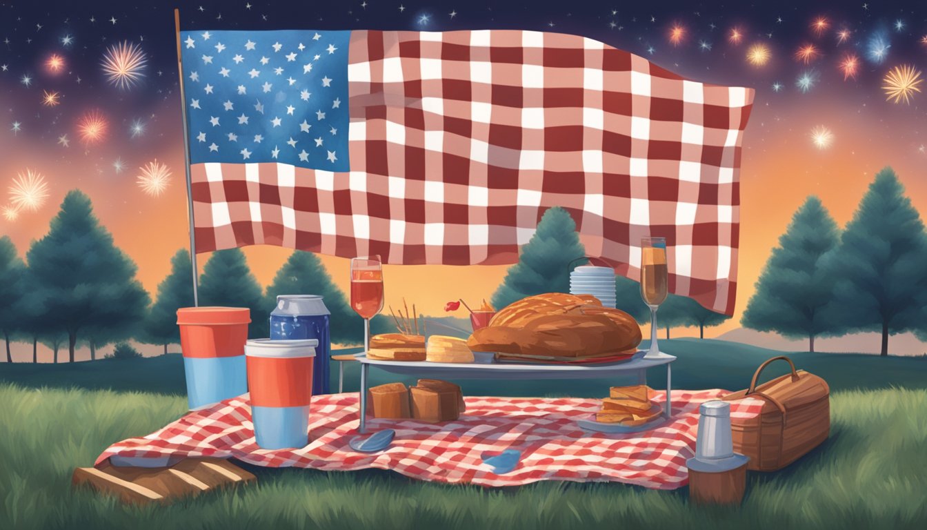 A festive Fourth of July picnic with a checkered blanket, fireworks in the sky, and a playlist of George Strait songs playing in the background