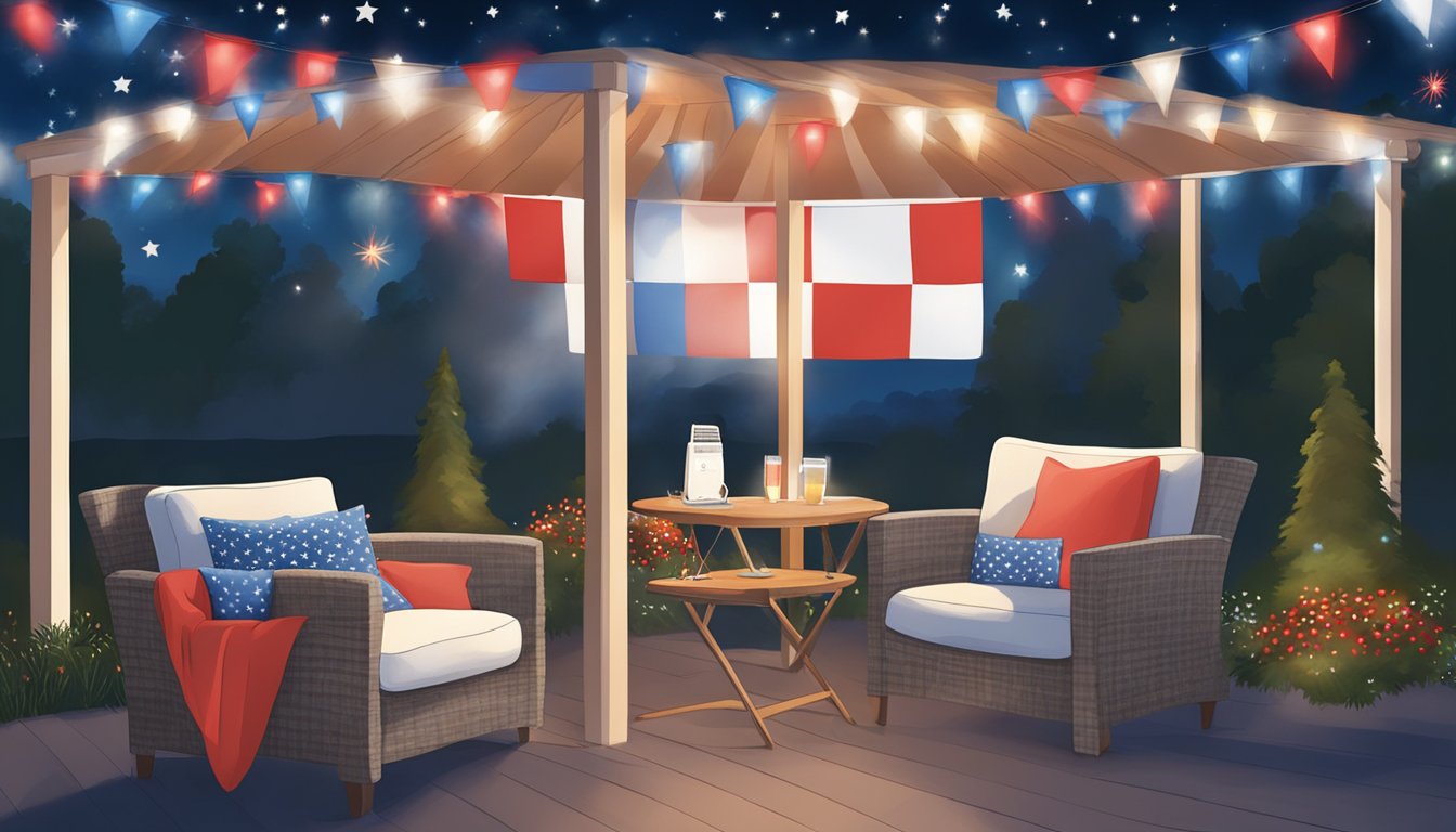 A festive outdoor setting with a chair surrounded by red, white, and blue decorations. A speaker plays George Strait songs as fireworks light up the night sky