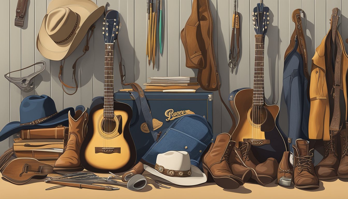 A cowboy hat and boots sit next to a guitar, surrounded by various tools and work uniforms, symbolizing different jobs mentioned in George Strait songs