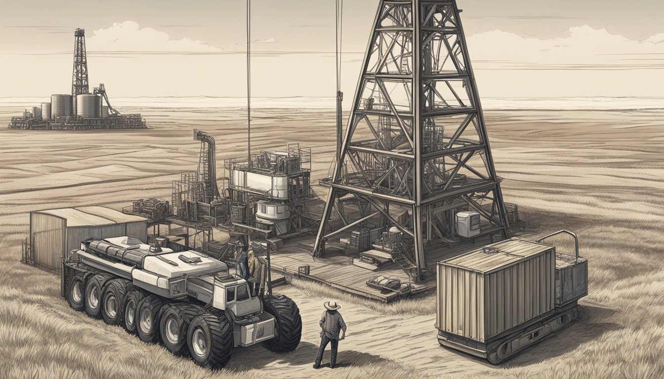 An oil rig towering over a vast field, surrounded by machinery and equipment. A cowboy hat resting on a drill, with a guitar leaning against a barrel