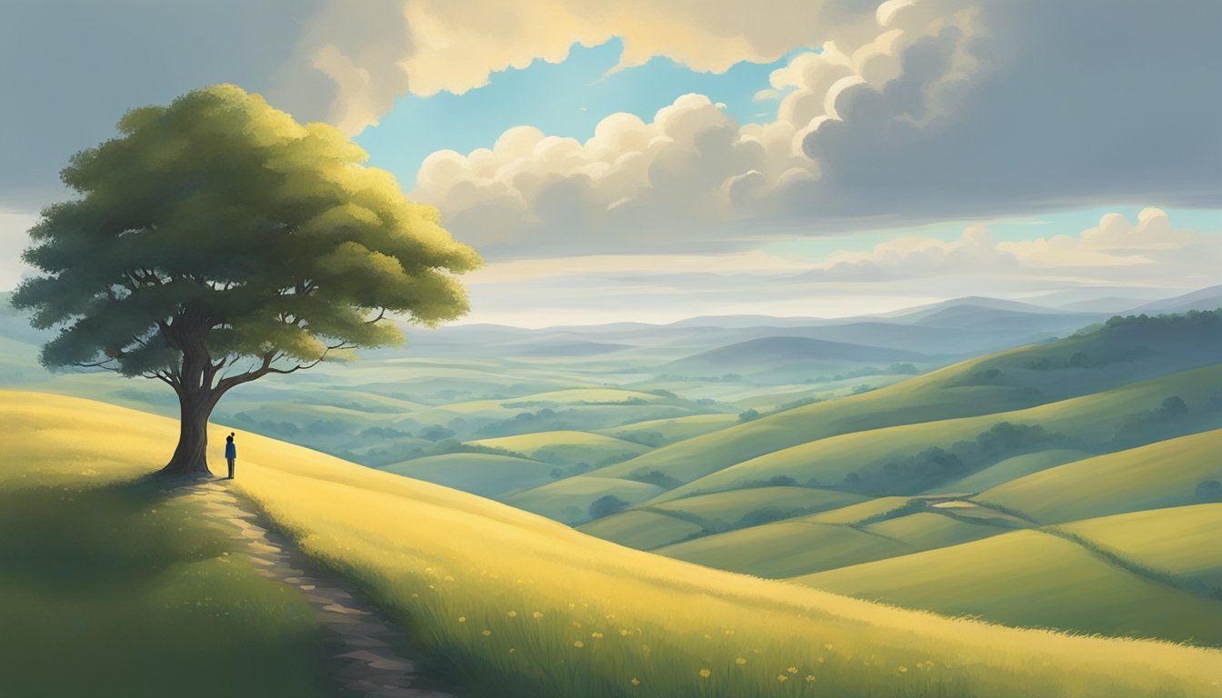 A lone figure stands in a peaceful countryside, surrounded by rolling hills and a serene sky, with a sense of contemplation and faith