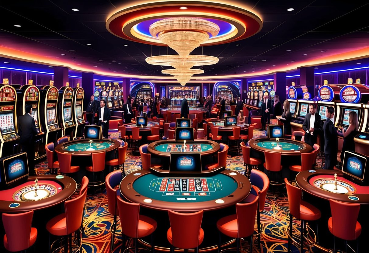 Un sol de casino animé avec des machines à sous colorées, des tables de roulette et des jeux de poker, entouré de clients glamours et de lumières au néon clignotantes