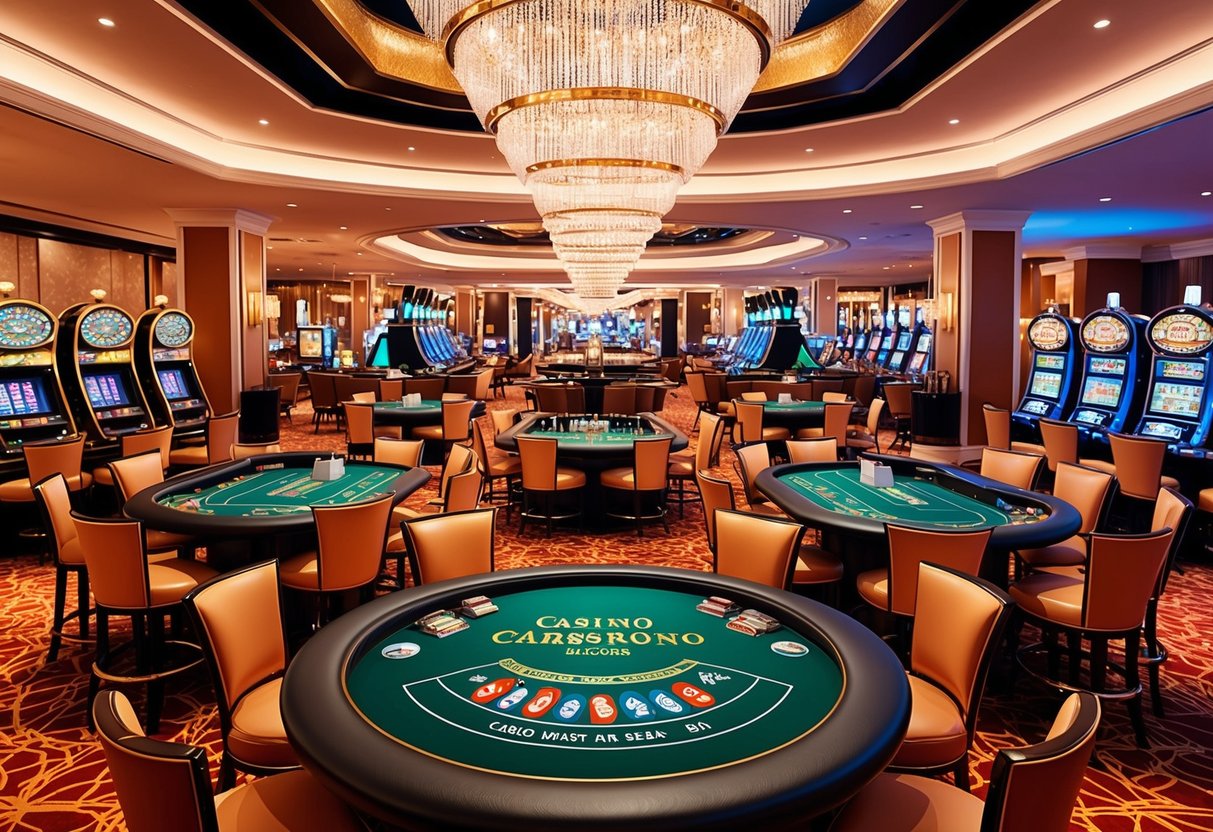 Un sol de casino animé avec des tables de cartes élégantes, des machines à sous et un bar glamour. Des lumières vives et une atmosphère vivante créent une ambiance d'excitation et de luxe.