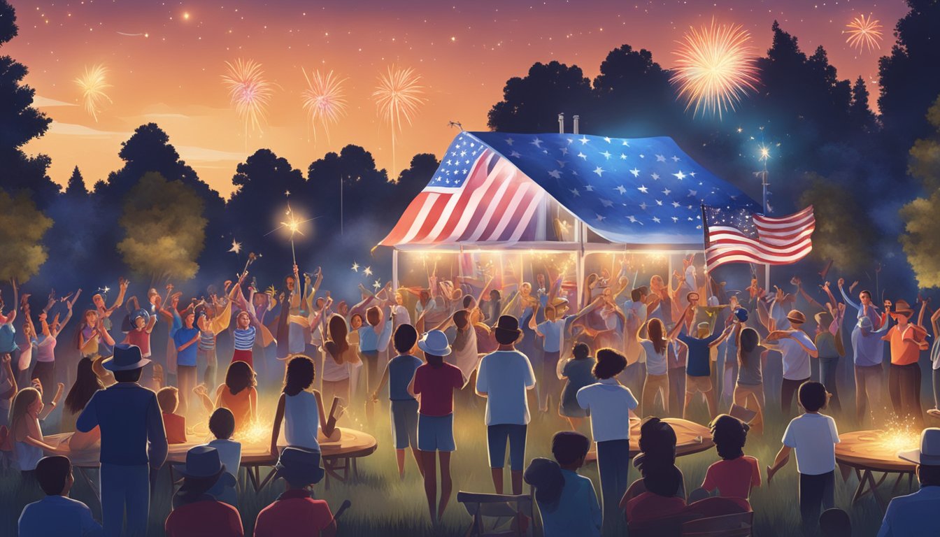 A lively Fourth of July celebration with a country band performing under a starry sky, with fireworks lighting up the night