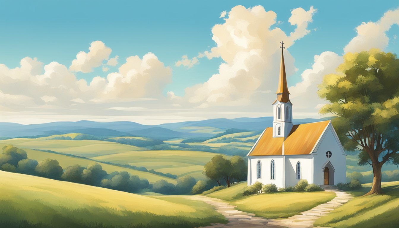 A country church with a lone figure walking towards the entrance, surrounded by rolling hills and a bright blue sky