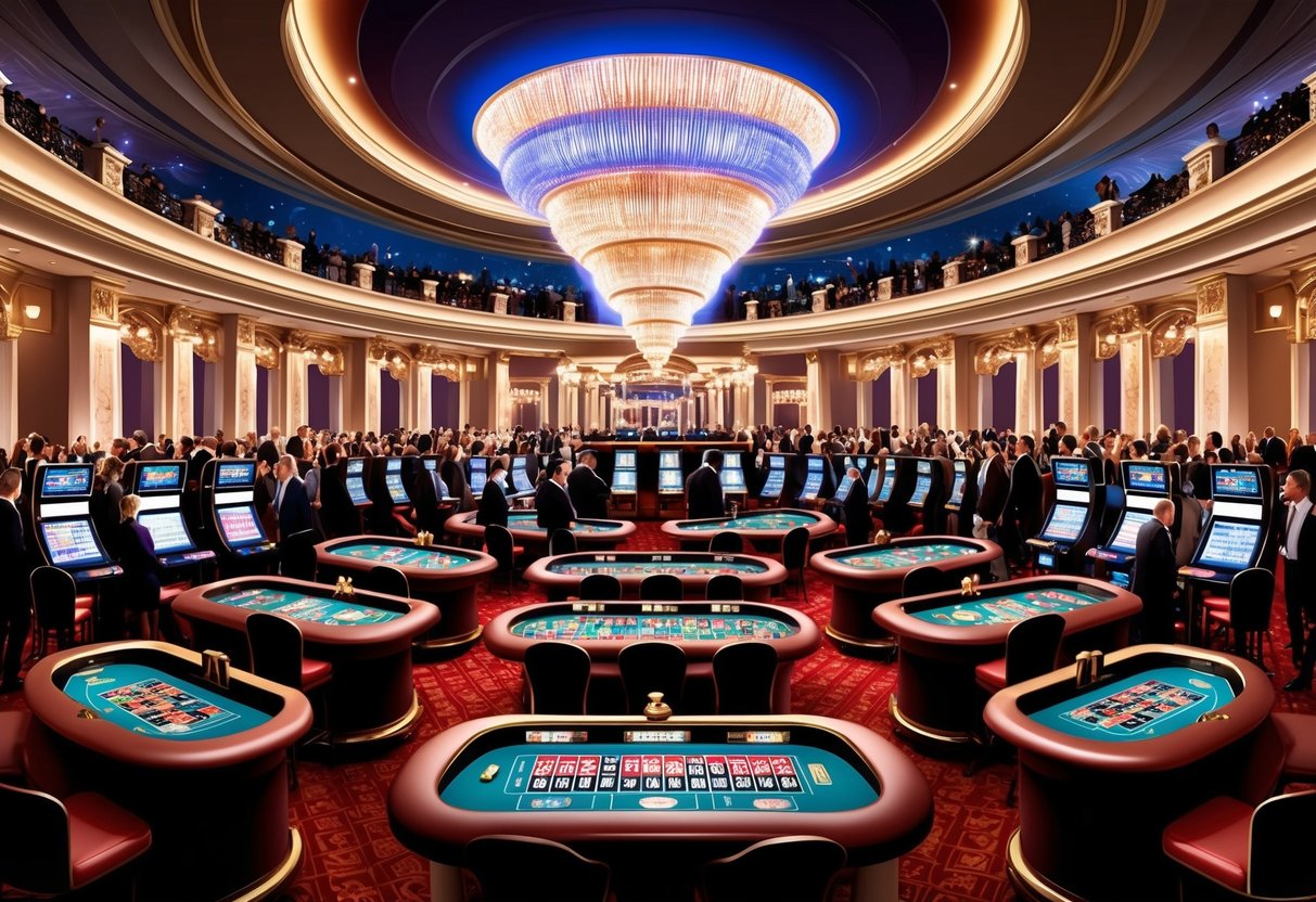 Un grand casino avec des lumières clignotantes, des tables de roulette et des machines à sous, entouré d'une architecture élégante et d'une foule animée