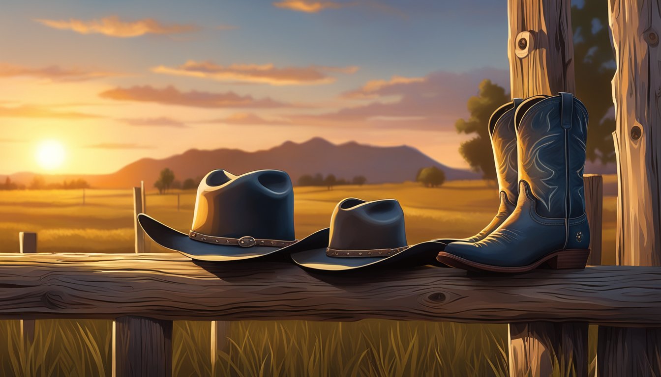 A cowboy hat hangs on a wooden fence post, with a pair of well-worn boots resting on the ground nearby. The sun sets behind a sprawling ranch, casting a warm glow over the fields