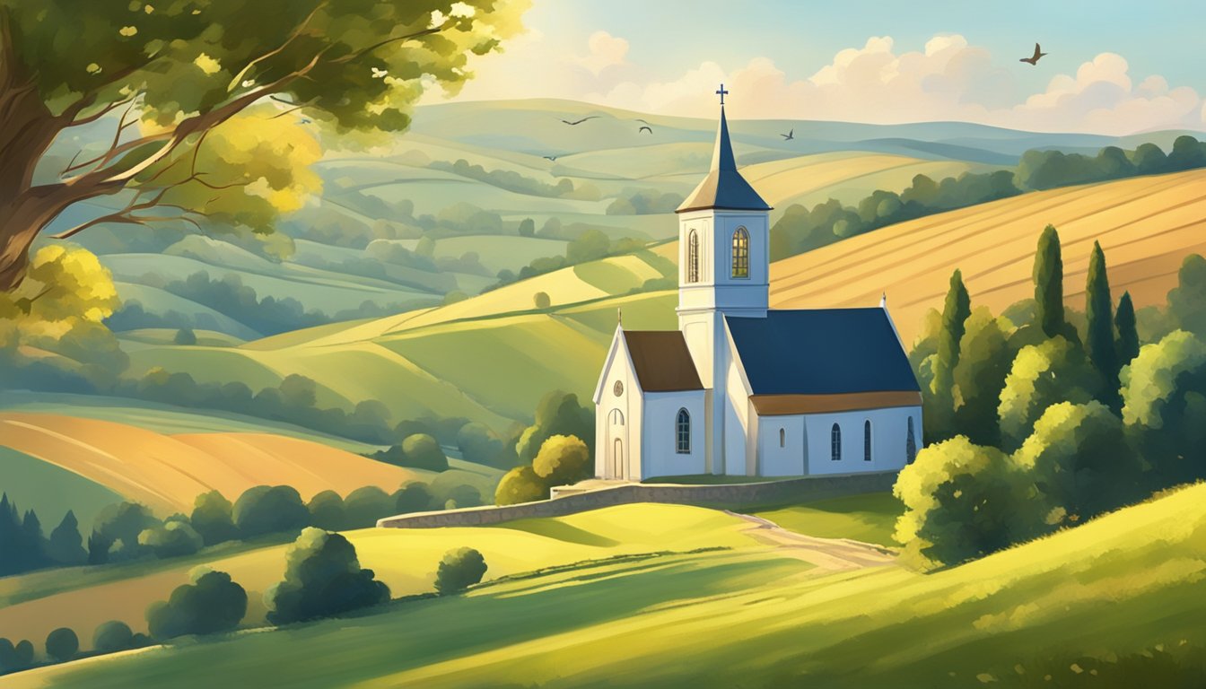 A serene countryside with a small church nestled among rolling hills, bathed in warm sunlight, as birds fly overhead