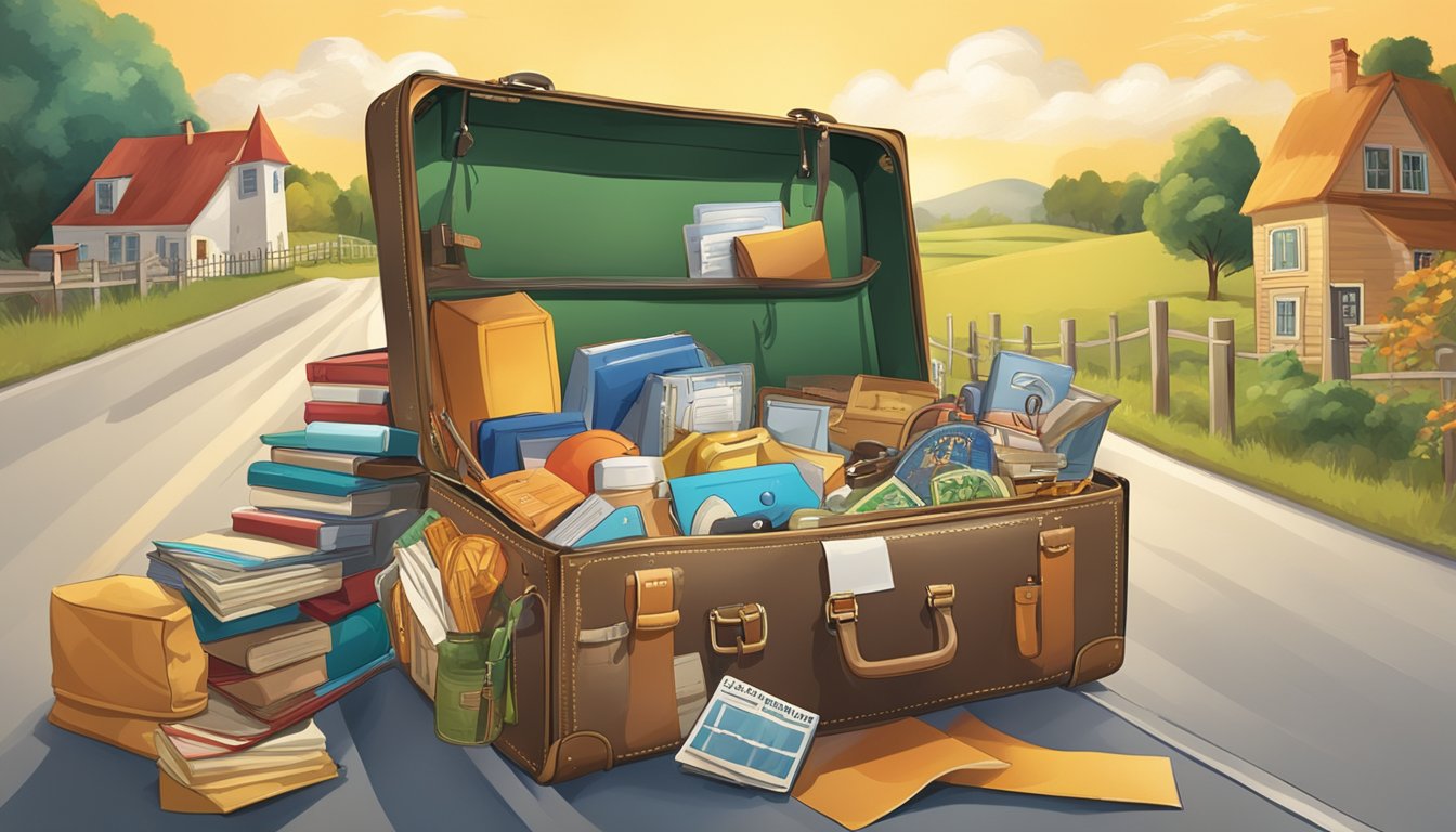 A traveling salesman's suitcase bursting with job-related items, surrounded by smiling customers and a country road backdrop