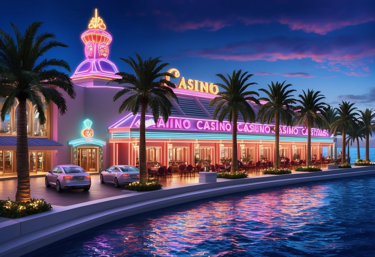 Un casino animé avec des lumières au néon et des palmiers bordant l'entrée, surplombant les eaux scintillantes de la Baie des Anges