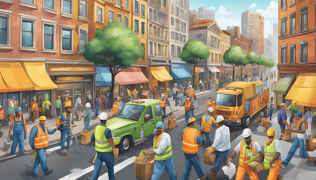 A bustling city street with various workers in different professions, such as construction workers, chefs, doctors, and musicians, all going about their daily tasks