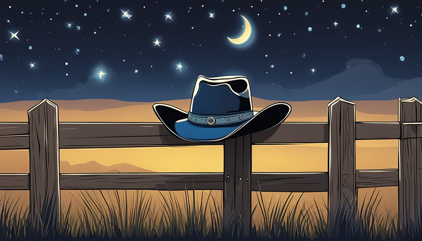 A lone cowboy hat on a wooden fence post, with a guitar leaning against it, under a starry night sky