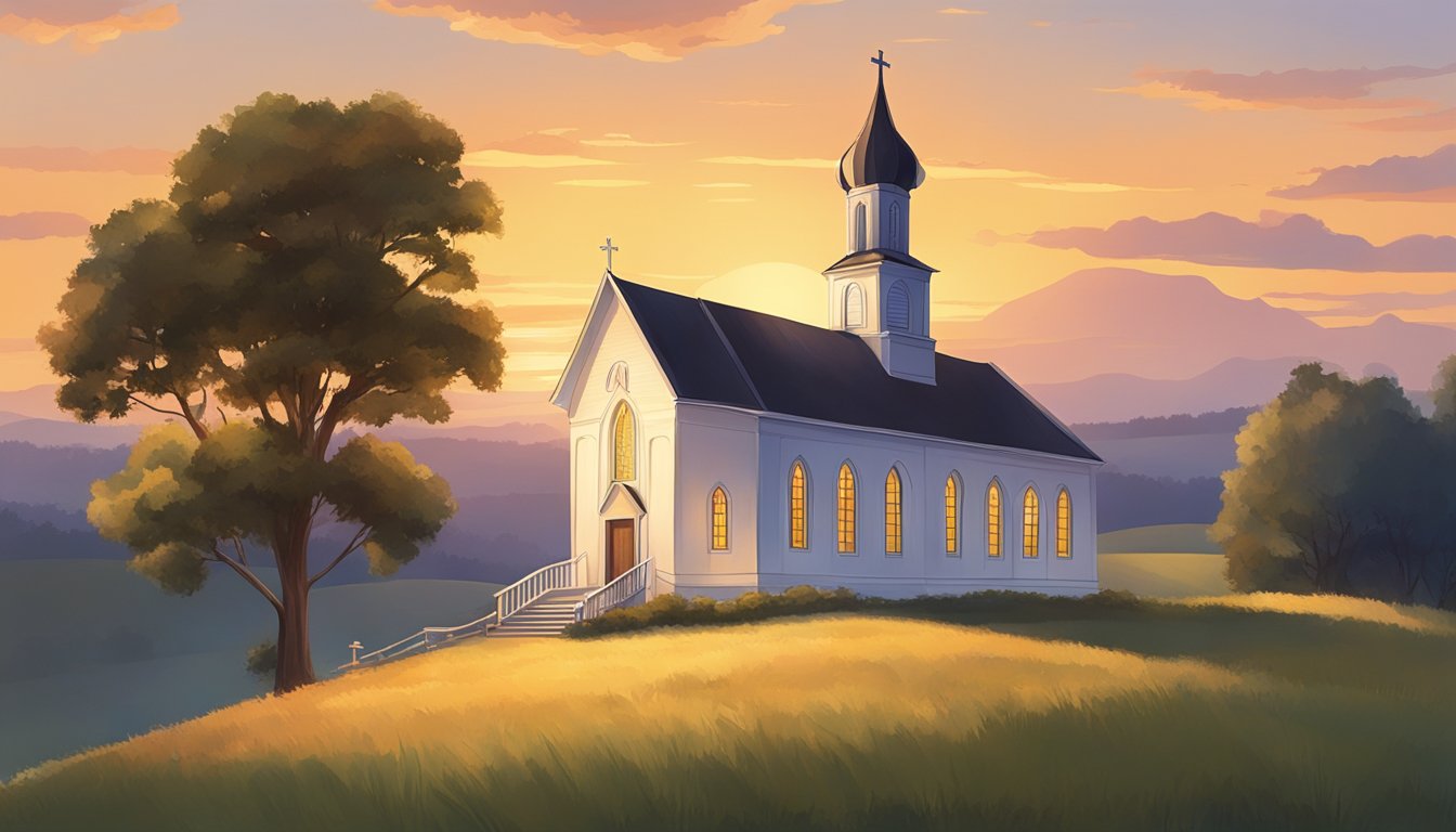 A country church nestled in a serene countryside, bathed in the warm glow of the setting sun, with a cross standing tall in the foreground