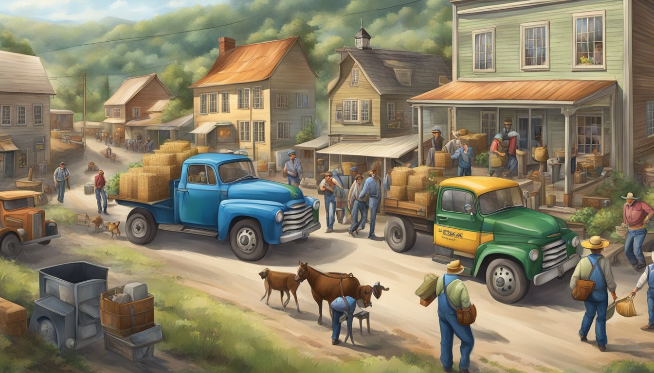 A bustling country town with various workers in their respective professions, such as farmers, cowboys, and truck drivers, going about their daily tasks