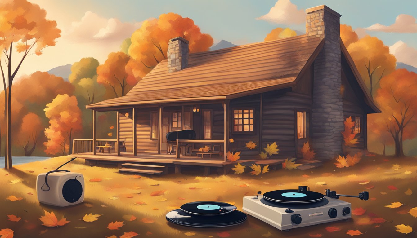 A cozy cabin with autumn leaves falling, a warm fire, and a record player spinning George Strait's songs