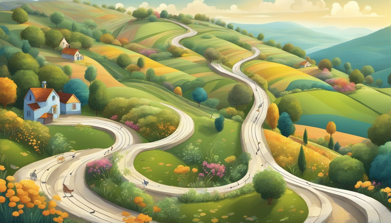 A winding road through a countryside with rolling hills, dotted with music notes and musical instruments scattered along the path