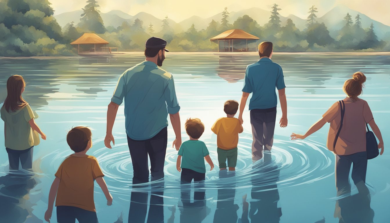 A man walks on water, surrounded by family members