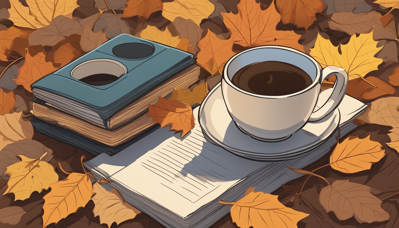 A cozy autumn scene with a pile of fallen leaves, a warm cup of coffee, and a stack of George Strait CDs