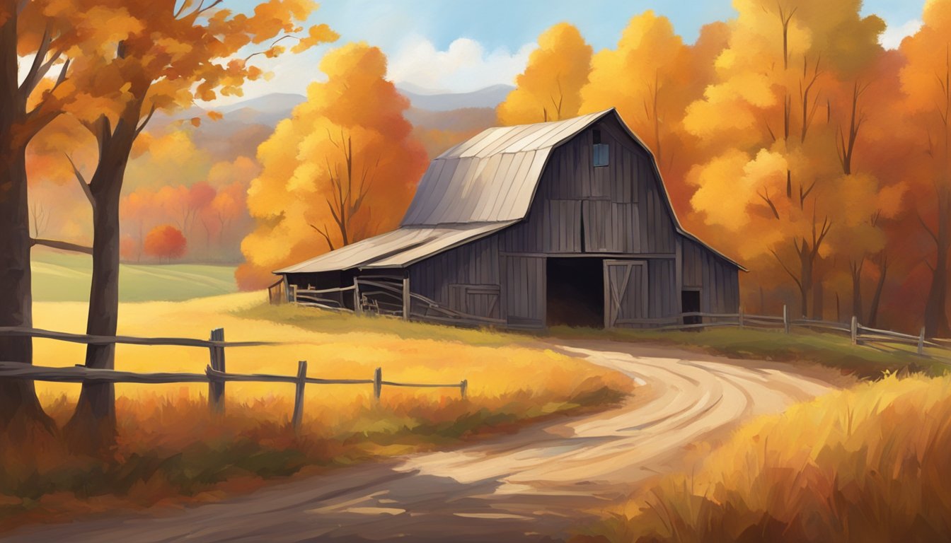 A rustic barn nestled in a golden field, surrounded by colorful autumn leaves and a winding country road, with a cowboy hat resting on a fence post