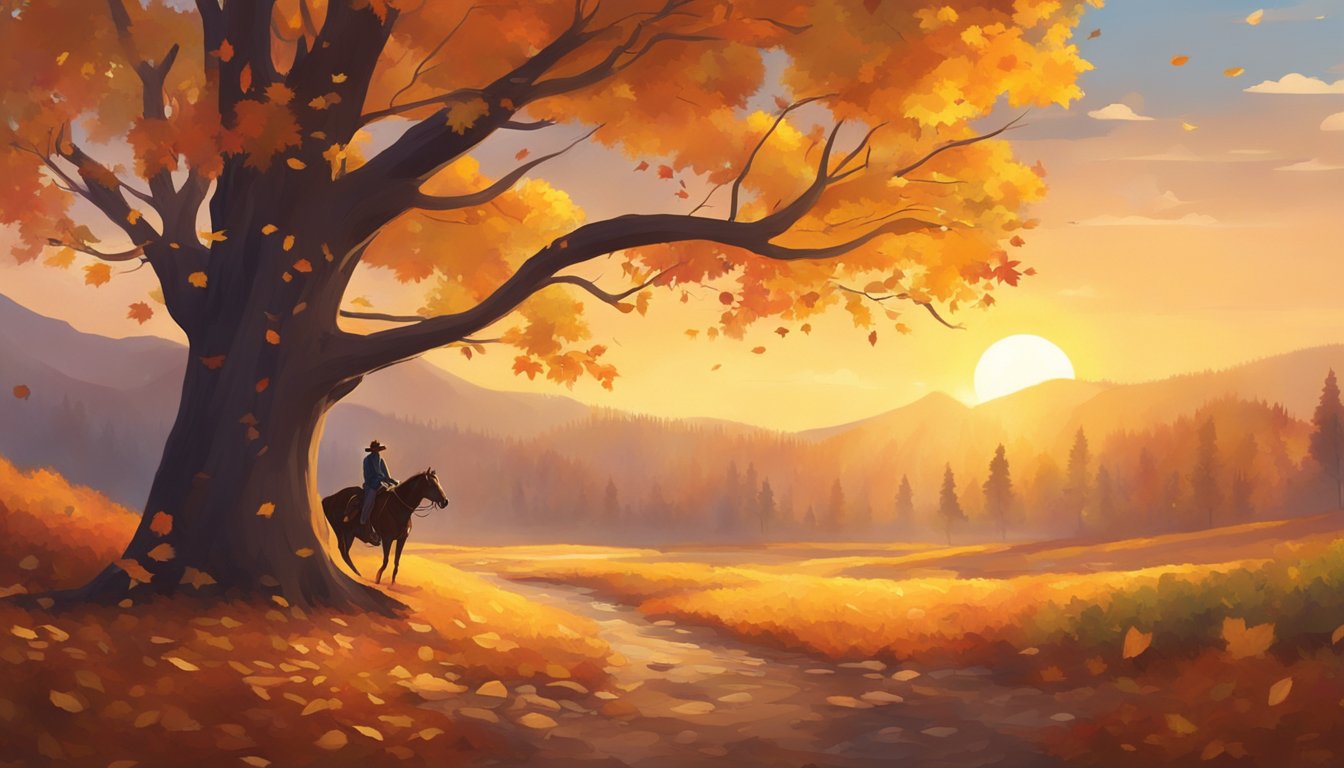 A lone cowboy rides through a colorful autumn landscape, surrounded by falling leaves and a golden sunset