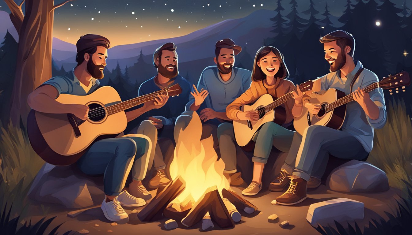 A family sitting around a campfire, singing and playing guitar under the stars