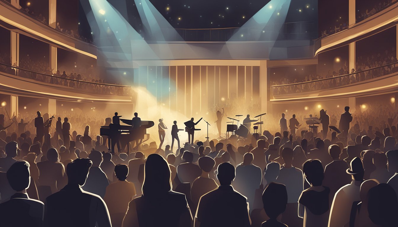 Instruments scattered on a stage, spotlight shining, while a crowd of people sway to the music in a dimly lit concert hall