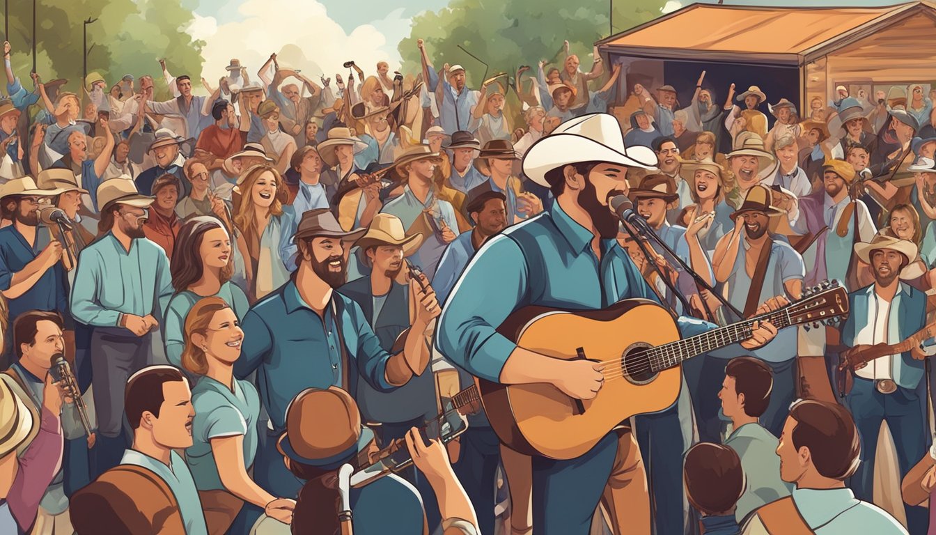 A lively country music concert with instruments and a cheering crowd