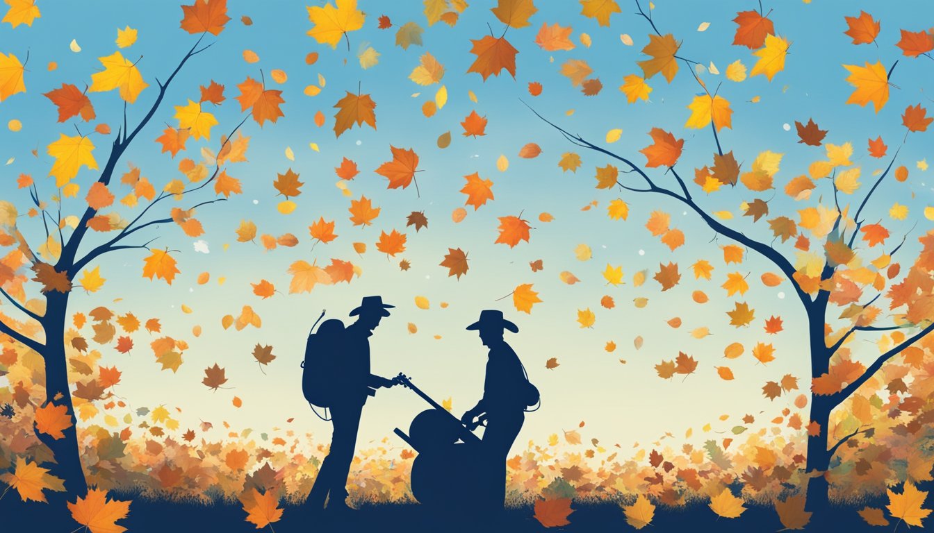 A clear blue sky with autumn leaves falling, surrounded by 10 George Strait song titles