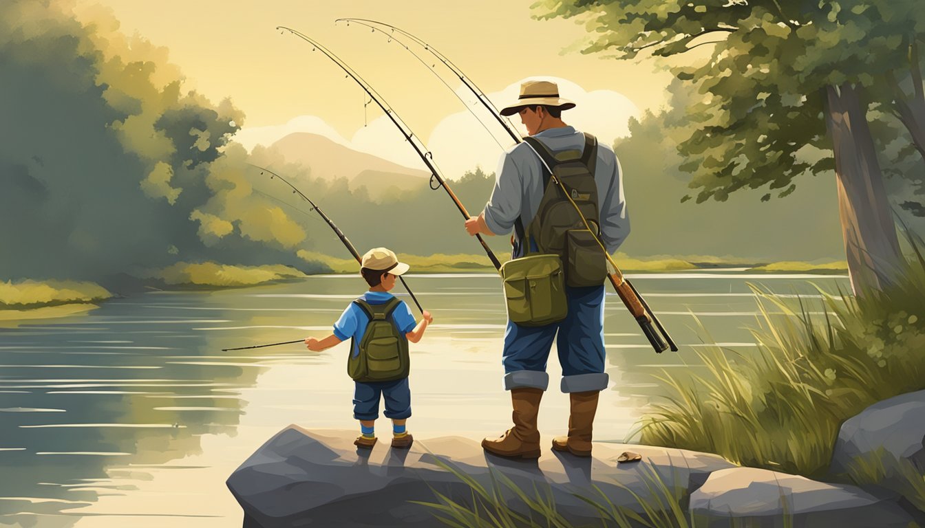 A father and son fishing by a peaceful river