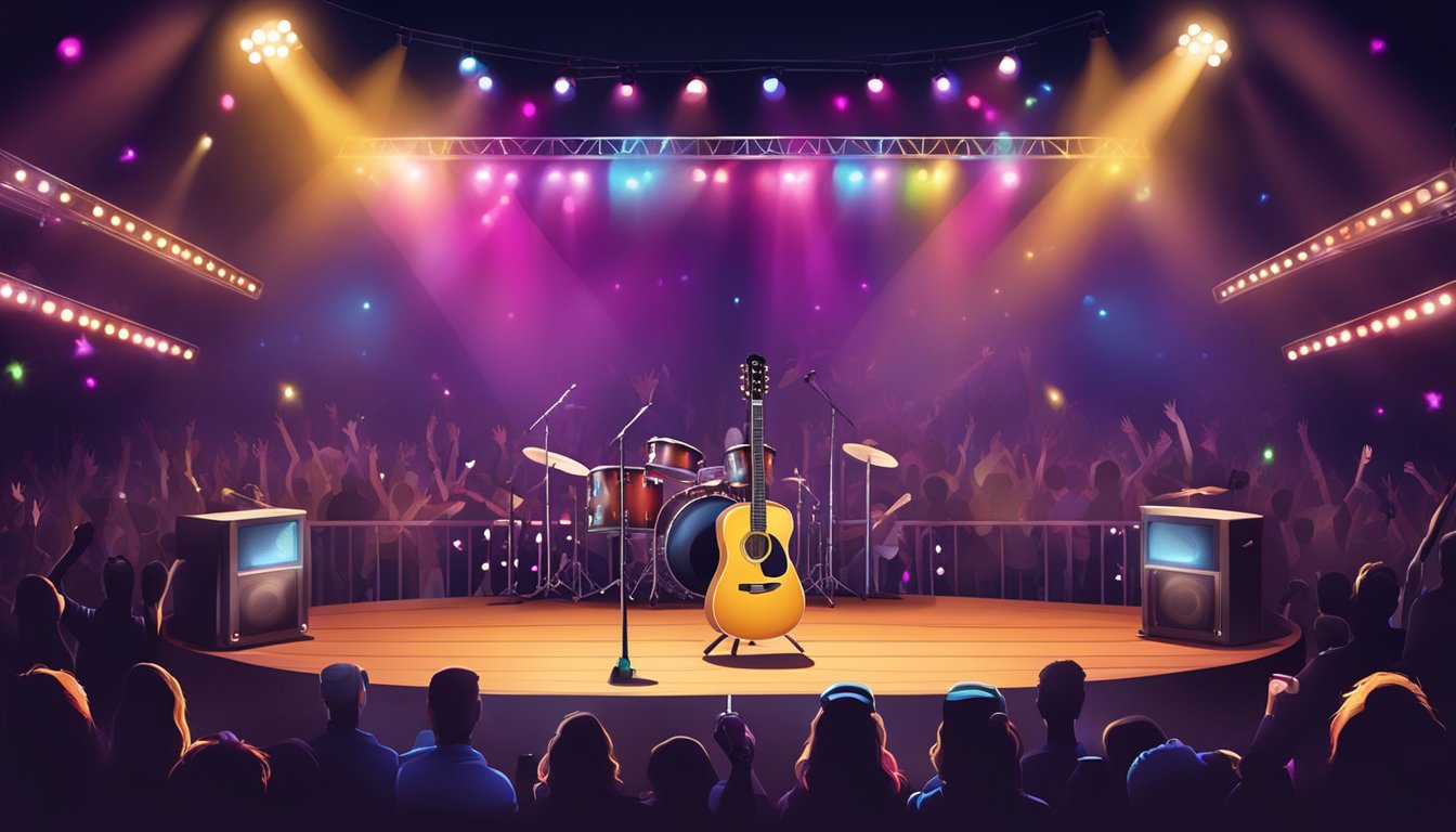 A country music concert stage with a microphone and guitar, surrounded by cheering fans and colorful stage lights