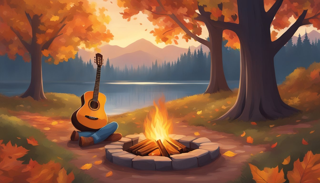 A cozy campfire surrounded by colorful autumn leaves, with a guitar leaning against a tree and the sound of George Strait's music filling the crisp fall air