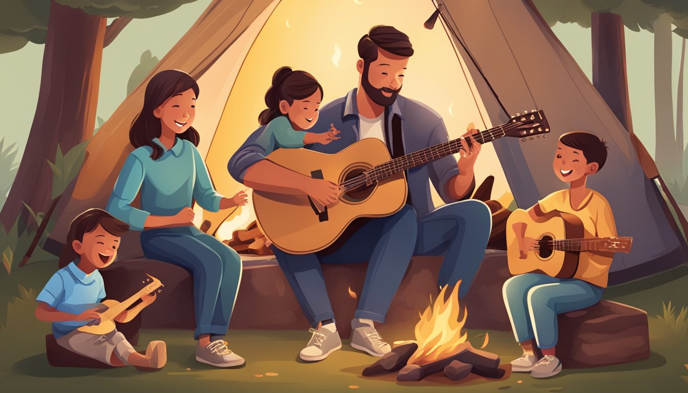 A family sitting around a campfire, singing and playing guitar