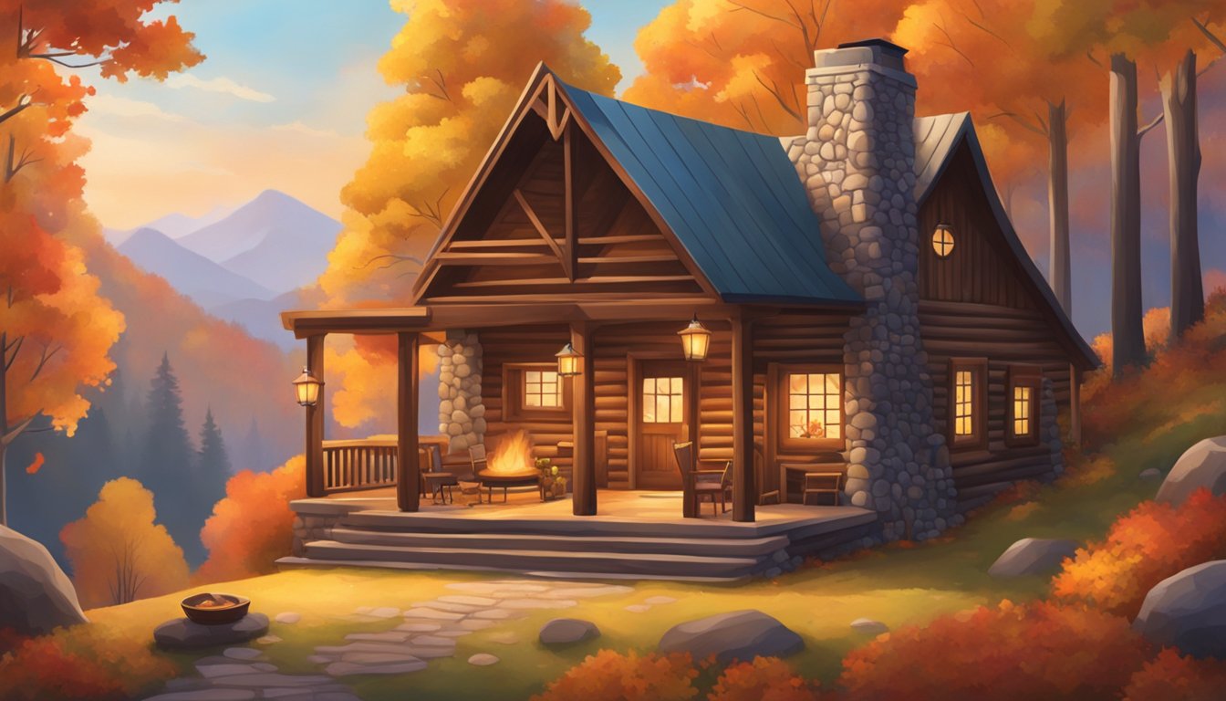 A cozy cabin nestled in the mountains, surrounded by colorful autumn foliage. A warm fireplace glows inside, while a guitar and cowboy hat sit nearby