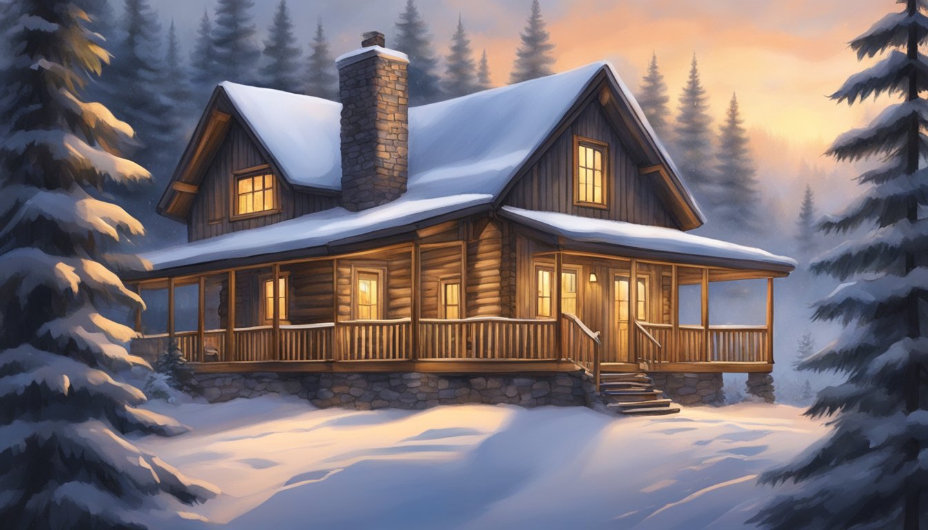 A cozy cabin nestled in a snow-covered forest, with a warm fire crackling inside and the sound of George Strait's music filling the air