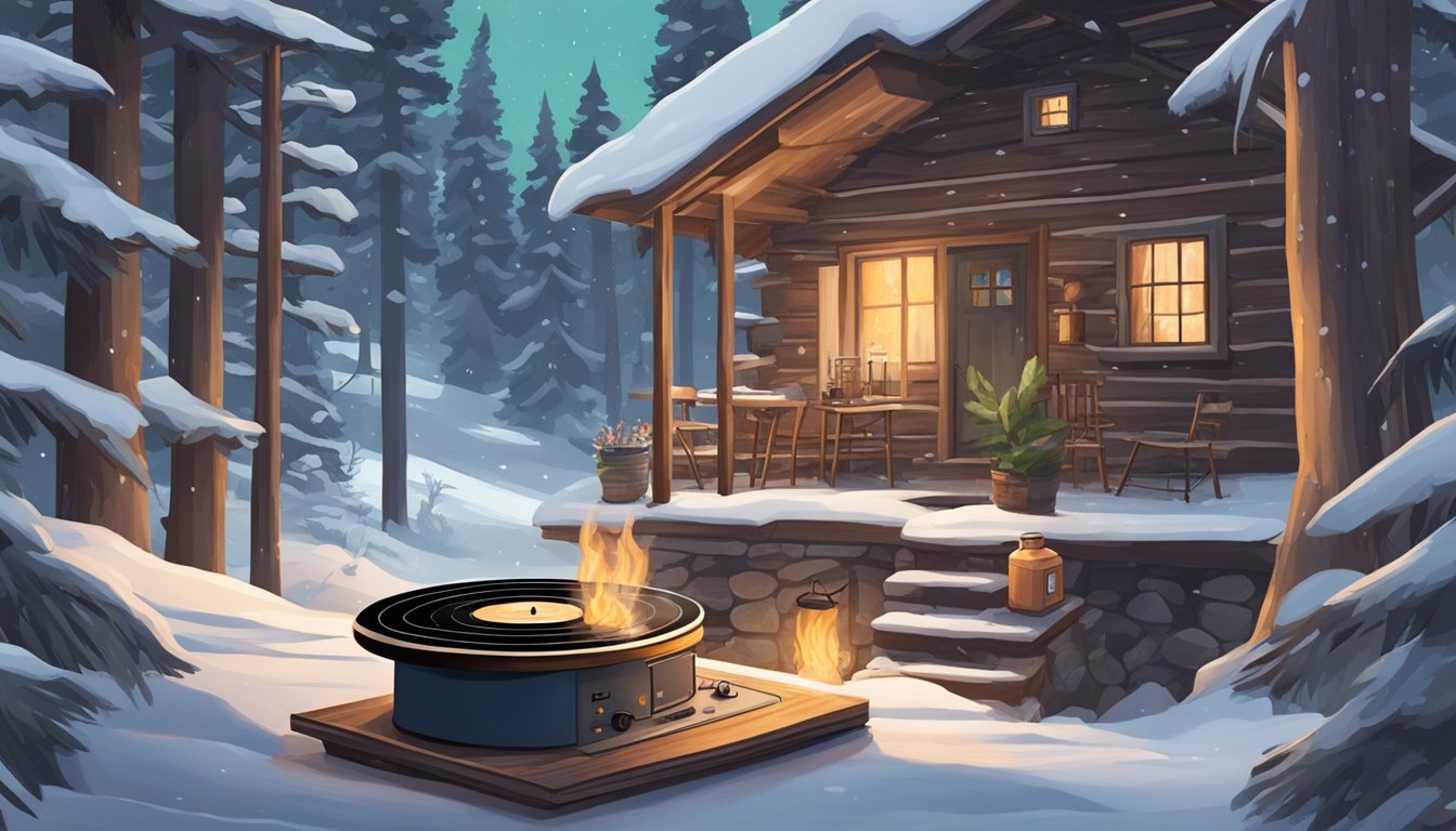 A cozy cabin in a snowy forest, with a crackling fire, hot cocoa, and a record player spinning George Strait's winter songs